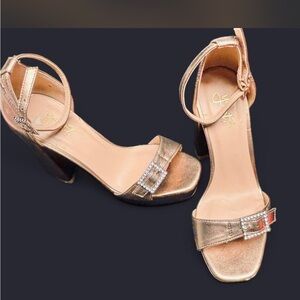 Metallic Gold Ankle-Strap Block Heel Sandals
